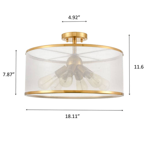 Modern Gold Drum Ceiling Light Organza Lamp Shade 6-Light